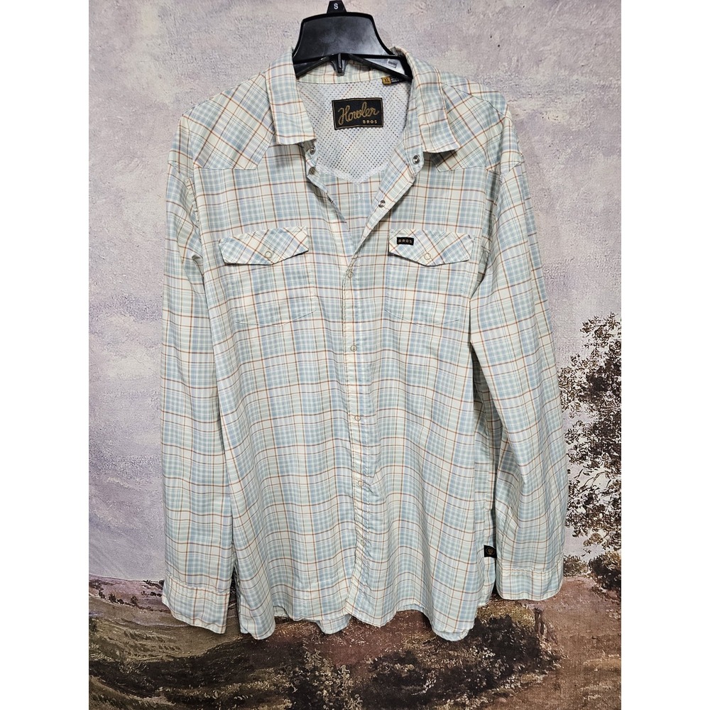 Howler Brothers H-Bar-B Tech Shirt Mens XL Teal Plaid Western Snap Performance